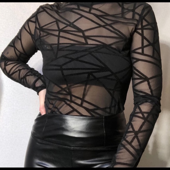 Sheer mock neck long sleeve with lines - Picture 2 of 3